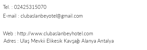 Club Aslanbey Otel telefon numaralar, faks, e-mail, posta adresi ve iletiim bilgileri